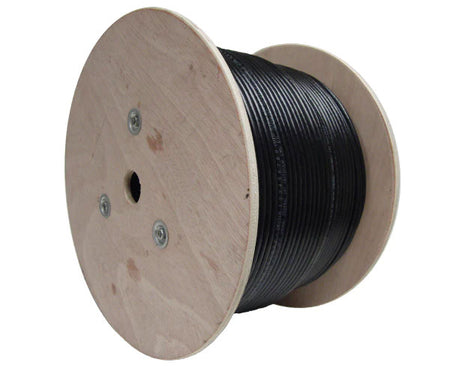 Double shielded CAT5E outdoor bulk ethernet cable on a wooden spool.