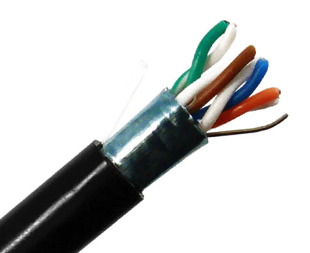 Shielded CAT5E outdoor bulk ethernet cable with drain wire and rip cord.