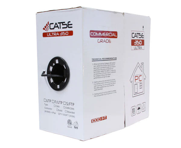 Shielded CAT5E outdoor bulk ethernet cable in a pull box.