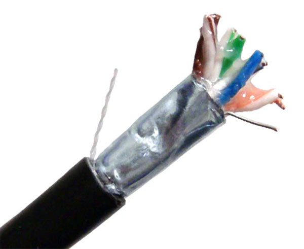 Shielded gel filled CAT5E outdoor bulk ethernet cable with black jacket and rip cord.