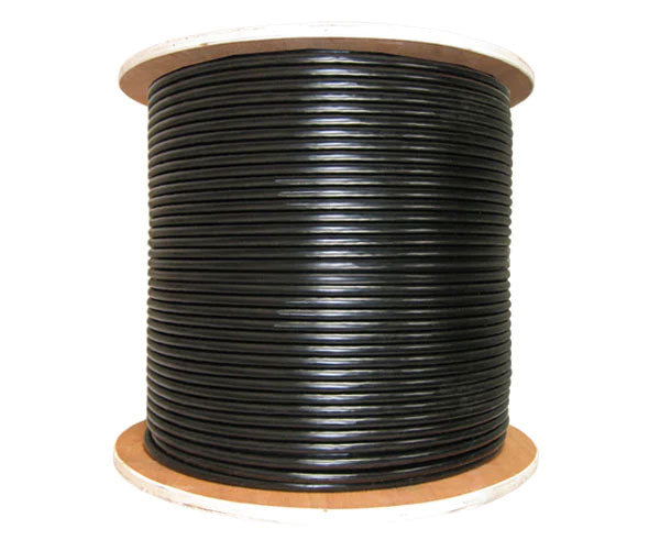 Shielded gel filled CAT5E outdoor bulk ethernet cable on a wooden spool.