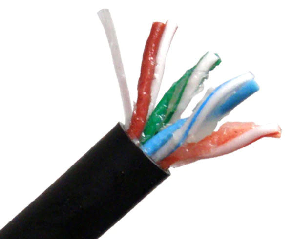 Gel filled CAT5E outdoor bulk ethernet cable with black jacket and rip cord.