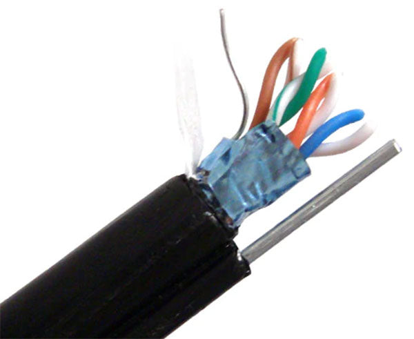 Shielded CAT5E outdoor bulk ethernet cable with messenger wire and black jacket.