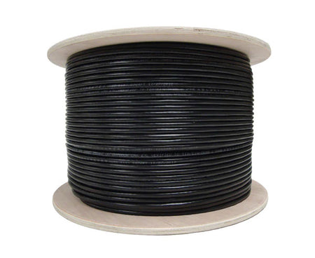 Shielded CAT5E outdoor bulk ethernet cable with messenger wire on a wooden spool.