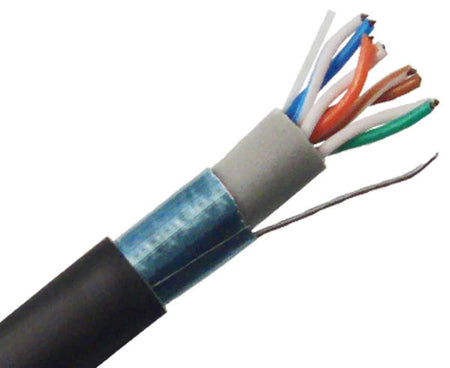Shielded CAT5E outdoor bulk ethernet cable with double jacket and drain wire.