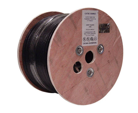 Shielded CAT5E outdoor bulk ethernet cable with double jacket on a wooden spool.
