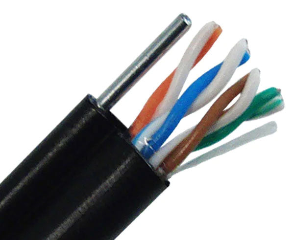 CAT5E outdoor bulk ethernet cable with messenger wire and black jacket.