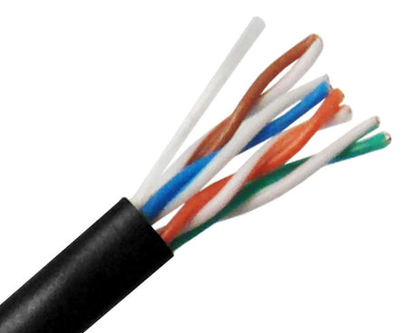 CAT5E outdoor bulk ethernet cable with black jacket.
