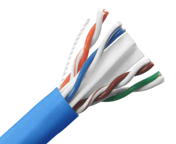 CAT6A plenum bulk ethernet cable with blue jacket.