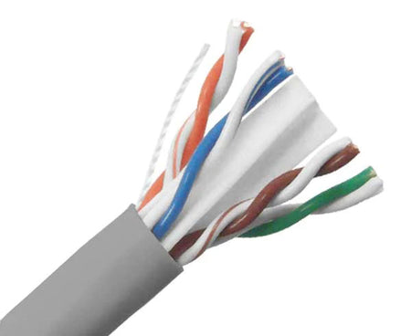 CAT6A plenum bulk ethernet cable with gray jacket.