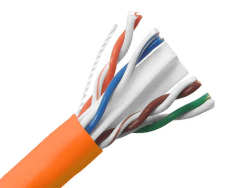 CAT6A plenum bulk ethernet cable with orange jacket.