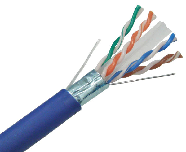 CAT6A bulk ethernet cable with blue LSZH rated jacket.