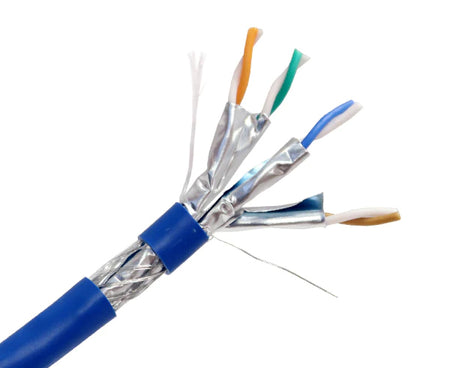Double shielded CAT6A riser rated bulk ethernet cable with blue jacket.