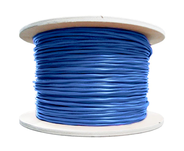 Double shielded CAT6A riser rated bulk ethernet cable with blue jacket on a wooden spool.