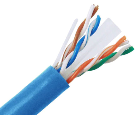 CAT6A riser rated bulk ethernet cable with blue jacket.