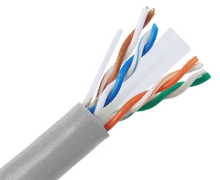 CAT6A riser rated bulk ethernet cable with gray jacket.