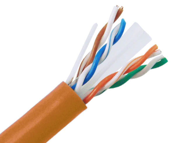 CAT6A riser rated bulk ethernet cable with orange jacket.