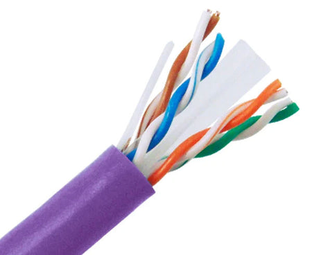 CAT6A riser rated bulk ethernet cable with purple jacket.