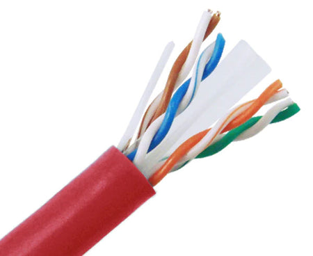 CAT6A riser rated bulk ethernet cable with red jacket.