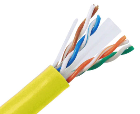 CAT6A riser rated bulk ethernet cable with yellow jacket.