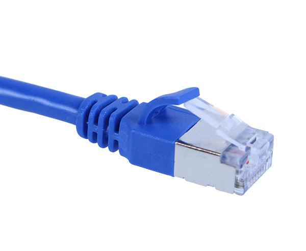 A blue Cat 6a slim Ethernet cable with molded boots and shielded connectors.