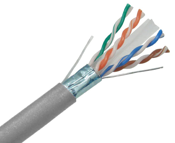 CAT6A shielded plenum bulk ethernet cable with gray jacket.