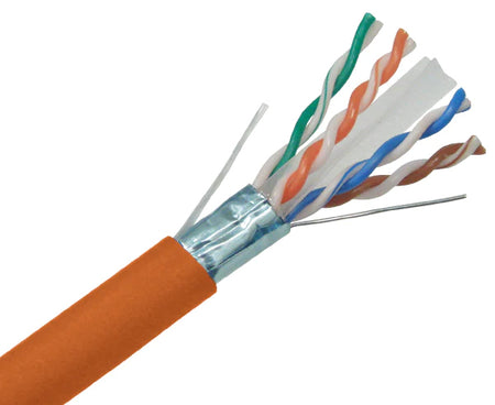 CAT6A shielded plenum bulk ethernet cable with orange jacket.