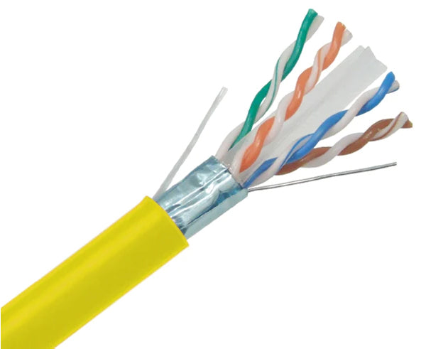 CAT6A shielded plenum bulk ethernet cable with yellow jacket.