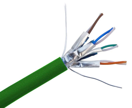Shielded CAT6A slim stranded bulk ethernet cable with green jacket.
