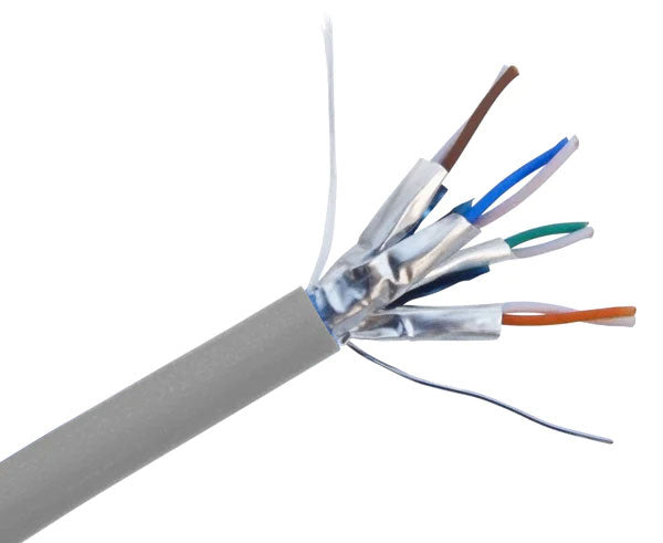 Shielded CAT6A slim stranded bulk ethernet cable with gray jacket.