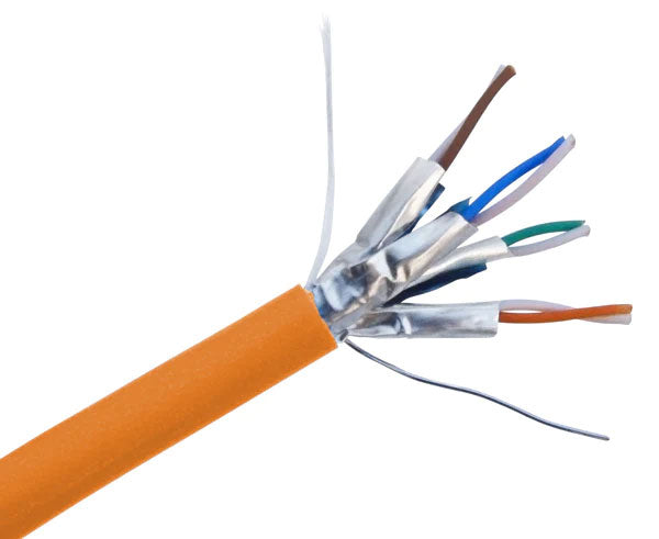 Shielded CAT6A slim stranded bulk ethernet cable with orange jacket.