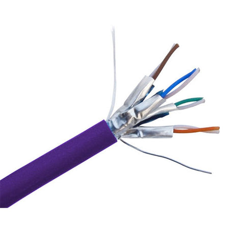 Shielded CAT6A slim stranded bulk ethernet cable with purple jacket.