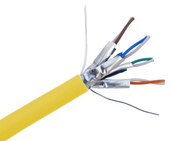 Shielded CAT6A slim stranded bulk ethernet cable with yellow jacket.
