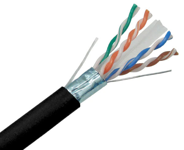 Shielded CAT6A riser rated bulk ethernet cable with black jacket.