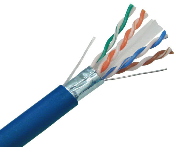 Shielded CAT6A riser rated bulk ethernet cable with blue jacket.