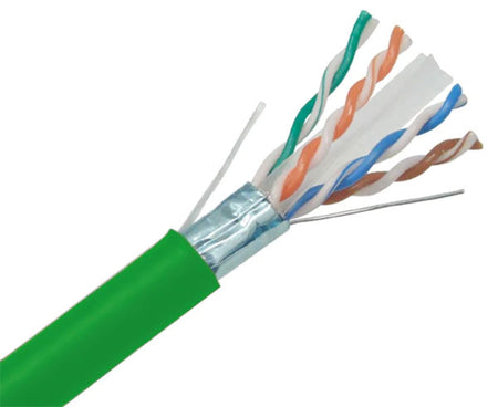 Shielded CAT6A riser rated bulk ethernet cable with green jacket.