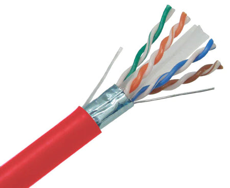 Shielded CAT6A riser rated bulk ethernet cable with red jacket.