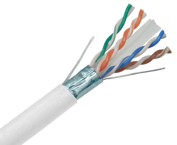 Shielded CAT6A riser rated bulk ethernet cable with white jacket.