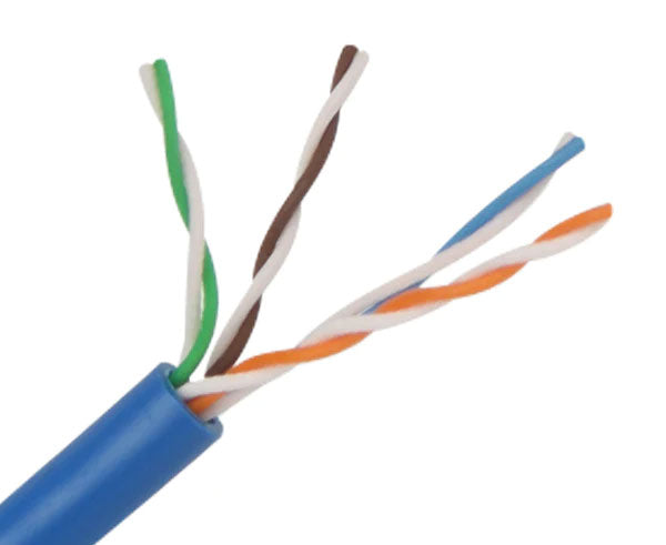 CAT6A slim stranded bulk ethernet cable with blue jacket.