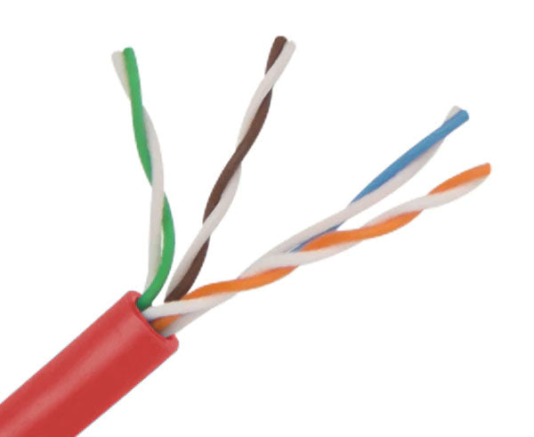 CAT6A slim stranded bulk ethernet cable with red jacket.