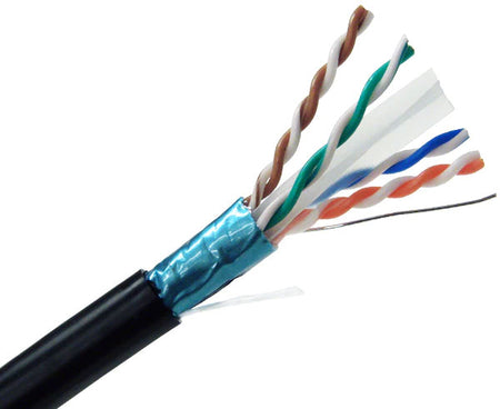 Shielded CAT6A direct burial bulk ethernet cable with drain wire and rip cord.