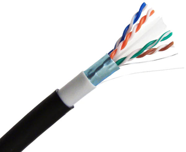CAT6A shielded outdoor bulk ethernet cable with double black jacket.
