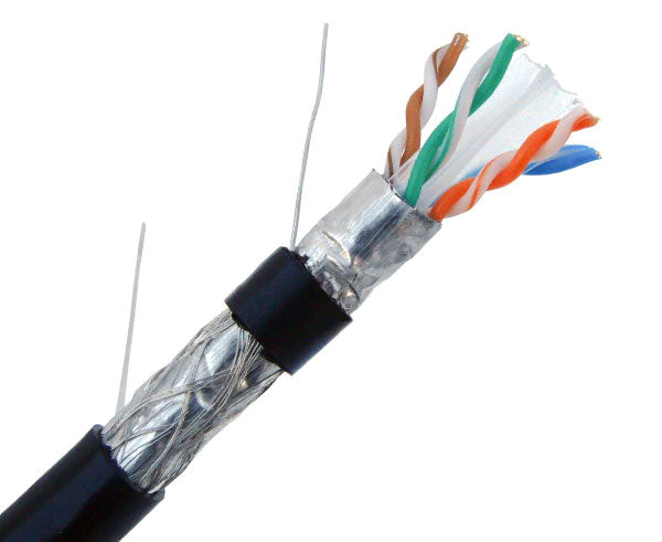 Double shielded CAT6 outdoor bulk ethernet cable with black jacket and drain wire.