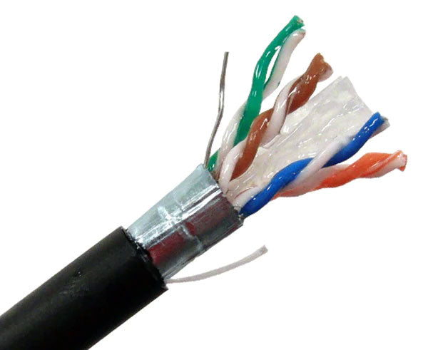 Shielded gel filled CAT6 outdoor bulk ethernet cable with black jacket and rip cord.