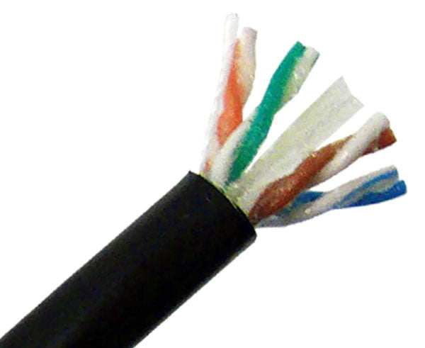 Gel filled CAT6 outdoor bulk ethernet cable with black jacket and rip cord.