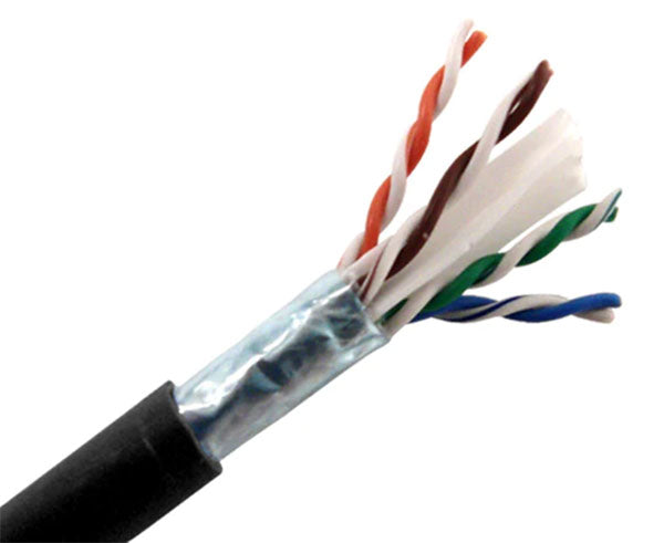 Shielded CAT6 outdoor bulk ethernet cable with drain wire and rip cord.