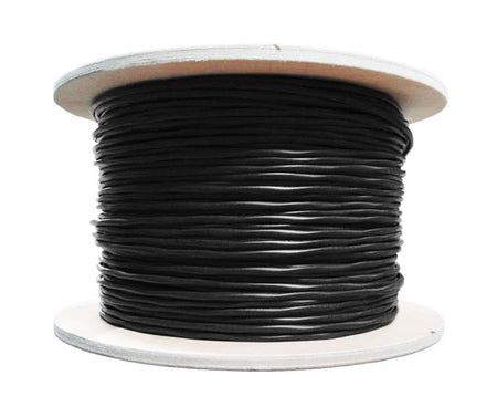Shielded CAT6 outdoor bulk ethernet cable on a wooden spool.