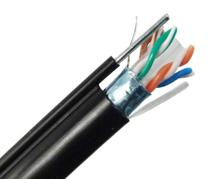 Shielded CAT6 outdoor bulk ethernet cable with messenger wire and black jacket.