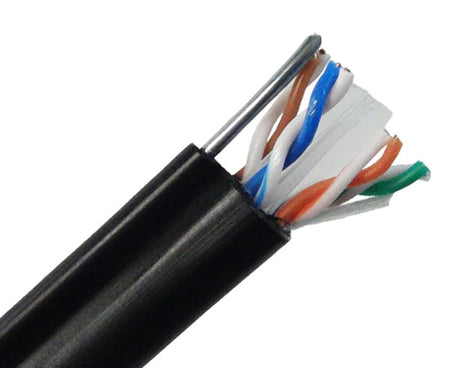 CAT6 outdoor bulk ethernet cable with messenger wire and black jacket.