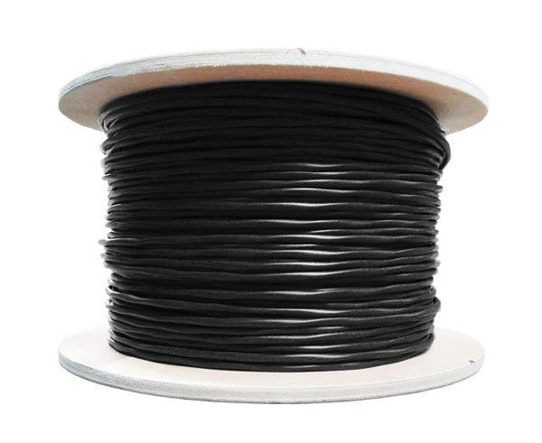 CAT6 outdoor bulk ethernet cable with messenger wire on a wooden spool.
